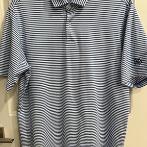 F&G Tech Shirt Men’s Large Polo Golf Striped Blue and white.